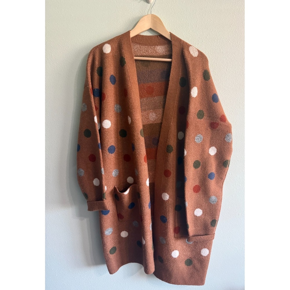 Charlie B Open Front Long Cardigan Sweater Carmel Brown Poka Dots Womens XL